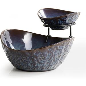 Fruit Bowl for Kitchen Counter, 2 Tiered Oval Bowls with Metal Stand Porcelain Tiered Fruit Basket for Party Tiered Serving Stand for Fruit, Salad, Candy, Snacks, Blue (Large+Small)