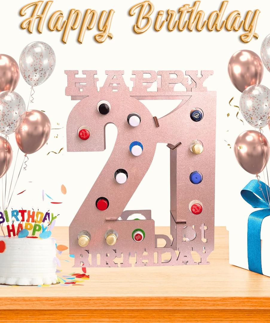 21st Birthday Mini Wooden Liquor Bottle Display Shelf 21st Birthday Decorations for Her Unique Birthday Gifts (Pink)