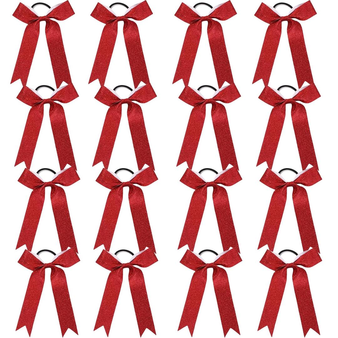Long Tail Glitter Cheer Bows 16 PCS Collegiate Style Cheer Bows Ponytail Holder Handmade Bows for Girls Teens Cheerleader Sports (Glitter Red)