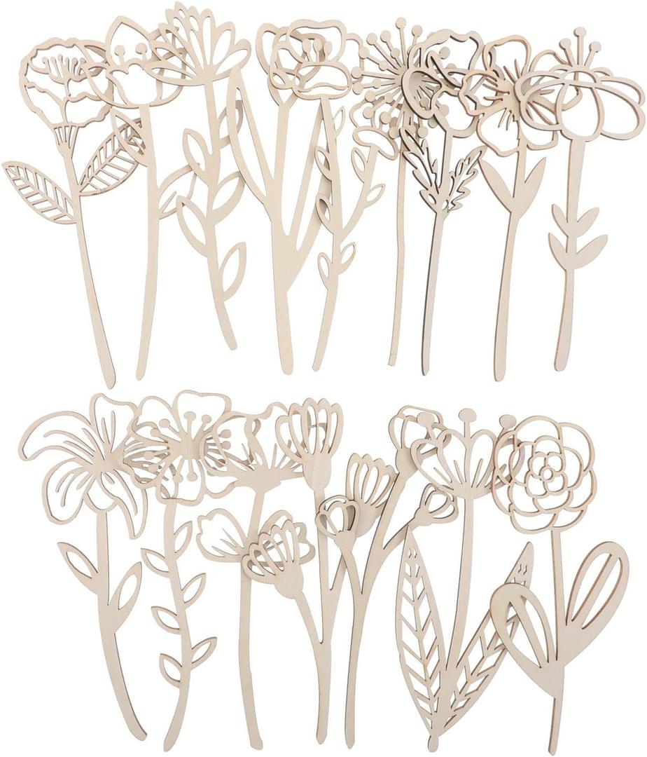 16 Pcs Wooden Flowers Cutout Signs Unfinished Wildflowers Stems for Painting Decorations Art DIY Home Crafts