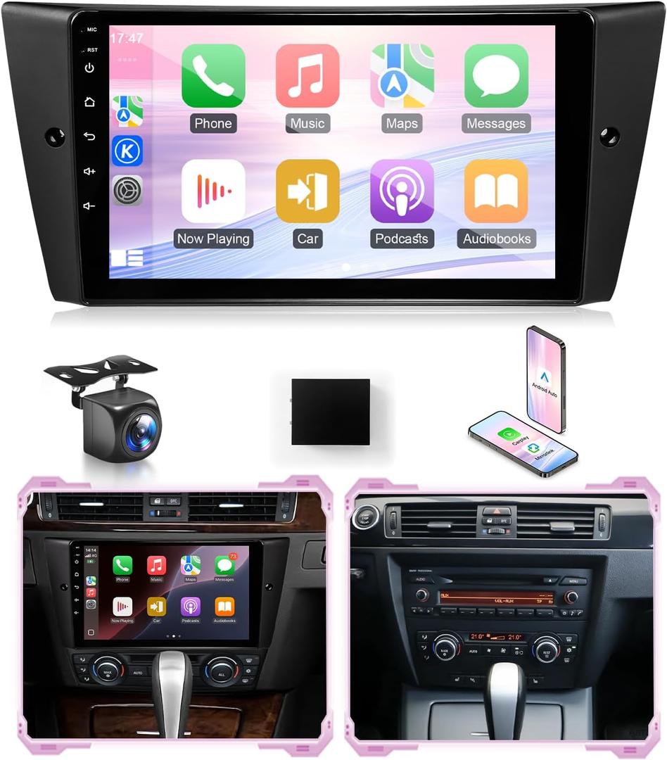 2G+32G Car Radio for BMW 328i 325i 335i E90 E91 E92 E93 2005 to 2011 Stereo Wireless CarPlay Android Auto, 9" IPS Touch Screen for BMW E90 Car Play GPS Navi/FM RDS/5G WiFi/SWC/Camera (No Fiber)