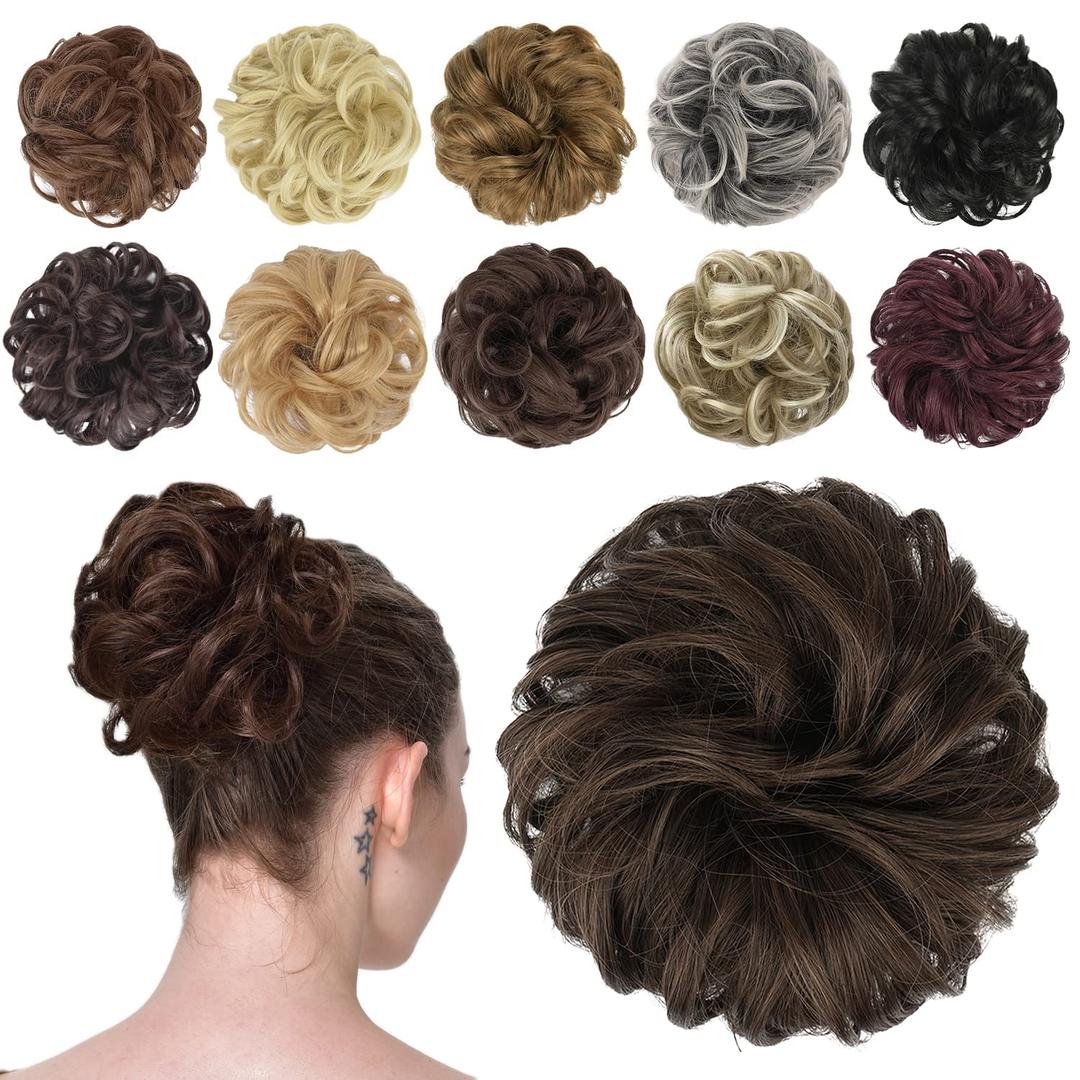 FESHFEN Messy Bun Hair Piece - Wavy Synthetic Chignon Scrunchies for Instant Volume, Elastic Bun Ponytail Hair Extensions Thick Hairpieces for Women, Dark Brown & Light Auburn Mixed 1.50 oz (Medium)