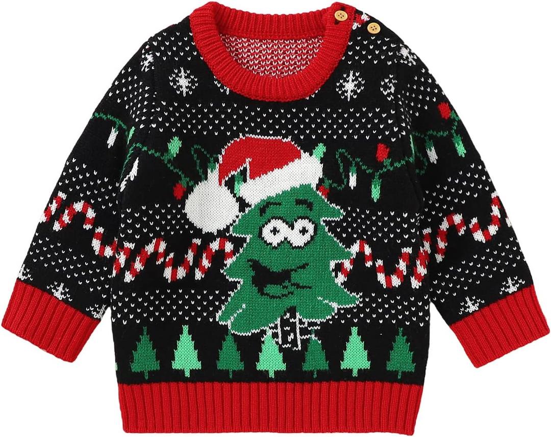 Toddler Christmas Sweater Infant Baby Boy Girl Reindeer Ugly Sweaters Funny Xmas Outfit Warm Knit Clothes (12-18 Months, Black Ugly Tree)