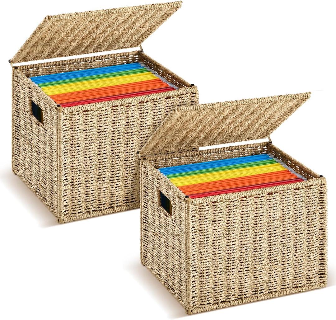 Jingmore 2 Pack Paper Rope File Box Organizers Collapsible Letter Size Filing Cabinet with Lid Woven Hanging File Basket Portable Decorative Document Storage Box for Office/Decor/Home (Letter Size)