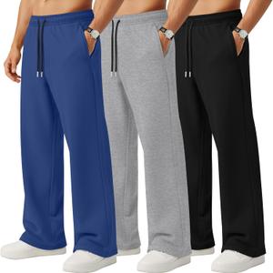 Neer 3 Pack Men's Sweatpants Lightweight Athletic Drawstring Open Bottom Pants Workout Running Lounge Pants with Pocket (X-Large, Black, Cement Gray, Royal Blue)