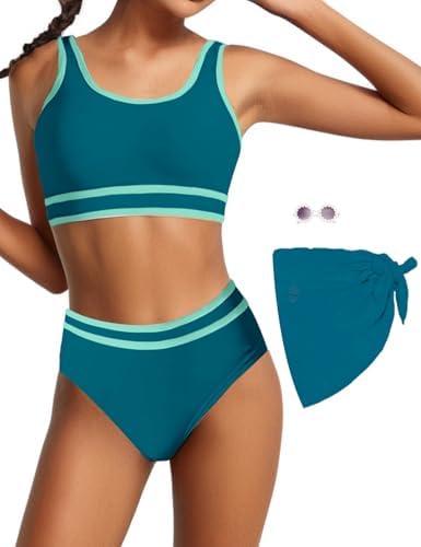 Teen Girls Swimsuit High Waist Sporty Bikini Bathing Suits with Cover Up Skirt and Sunglasses 4 Piece Set, Size: 14-15 Years