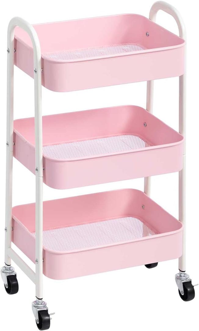 AGTEK Makeup Cart, Movable Rolling Organizer Cart, 3 Tier Metal Utility Cart, White - Pink