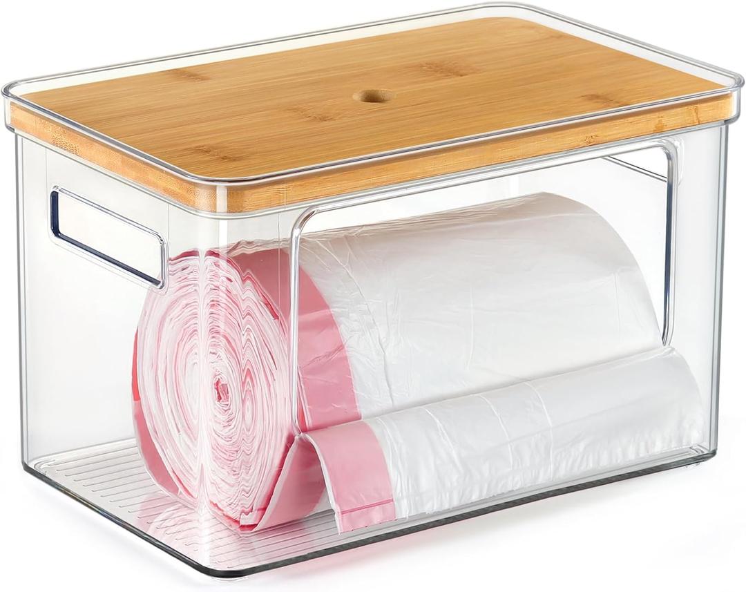 Hudgan Stackable Storage with Bamboo Top for Laundry Room Organization, Extra Large Bag/Garbage Bag Dispenser, Under Sink Organizer, Pantry Organizers