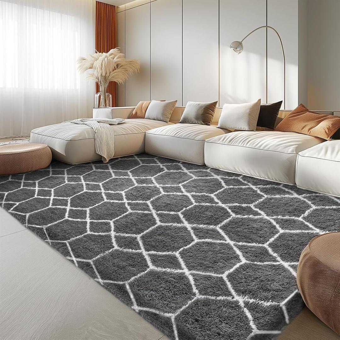 Area Rug for Living Room Bedroom, 5X7 Feet Soft Shaggy Rug, Plush Fluffy Rugs, Modern Moroccan Geometric Carpets, Anti-Skid Durable Carpet for Kids Dorm Nursery, Dark Grey and White