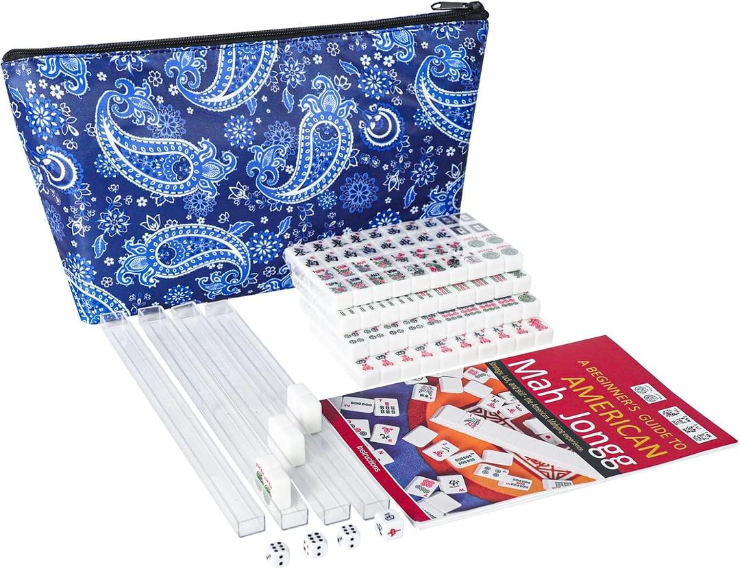 TIASUSAN Travel Mini American Mahjong Set, Mahjong Game Set with 166 White Tiles (0.8"), Complete Set with 4 Racks, and Thickened Blue Printed MahJongg Tiles Bag, Portable Travel Mahjongg Set