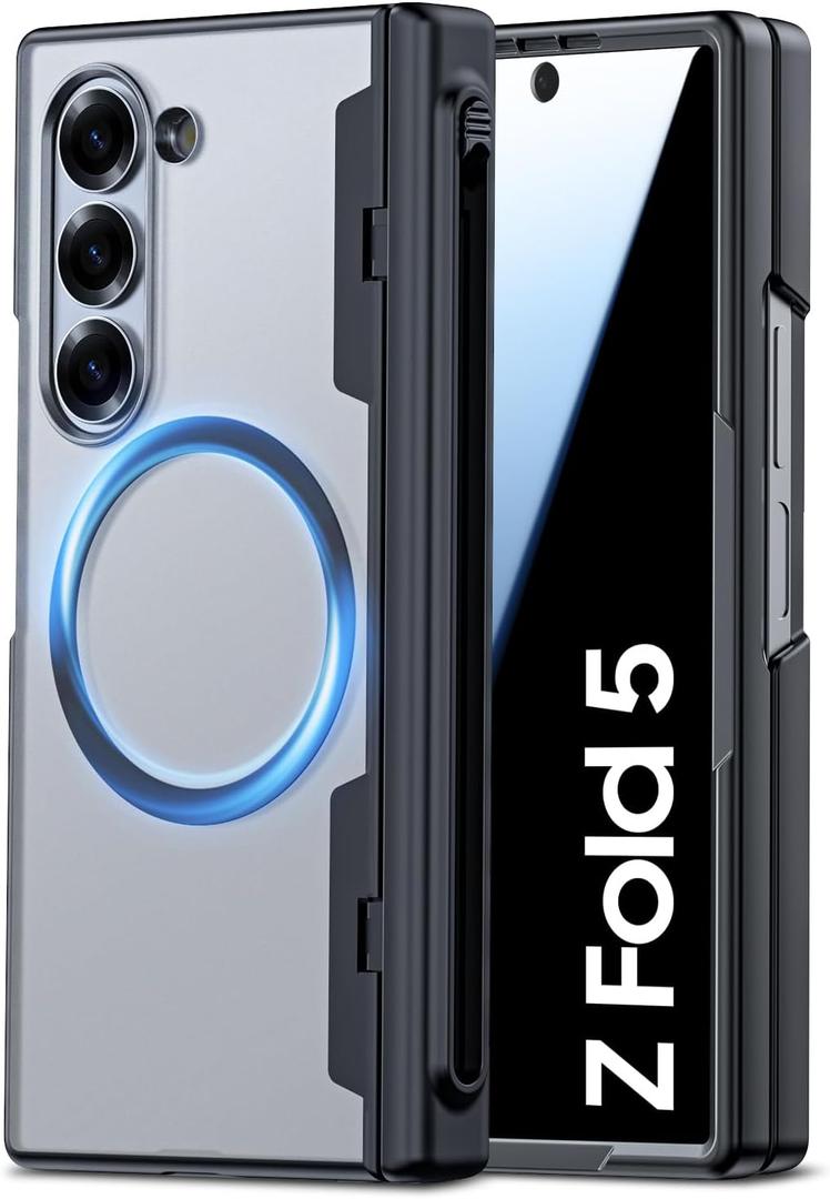 for Samsung Galaxy Z Fold 5 Case with MagSafe, [Built-in Privacy Screen Protection] [S Pen Holder & Hinge Cover] Translucent Matte Strong Magnetic Shockproof Case for Galaxy Z Fold 5 (Black)