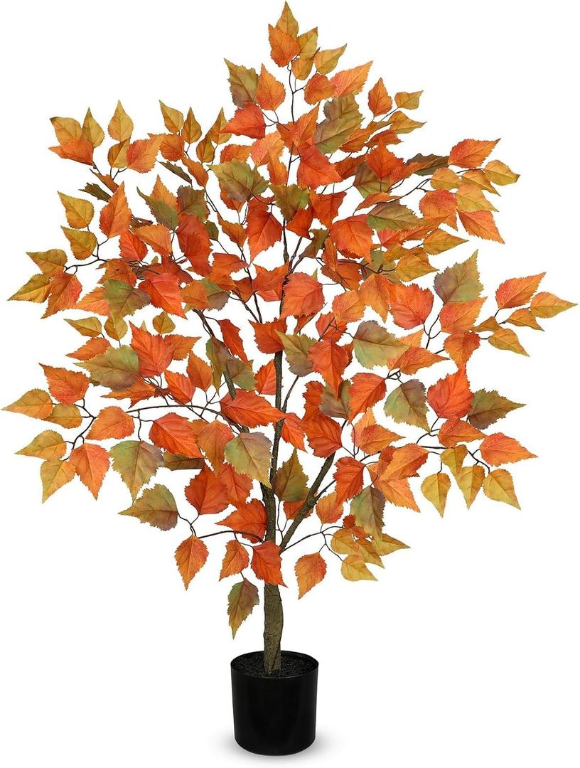 Artificial Fall Tree with Pot, 40.5" Tall Fake Birch Tree with Realistic Wood Trunk Silk Orange Leaves for Home Decor, Faux Autumn Maple Tree for Indoor Outdoor Home Decor and Housewarming Gift 3ft
