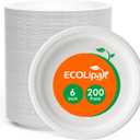 ECOLipak 6 Inch Disposable Compostable Small Paper Plates, 200 Pack Recycled Sugarcane Bagasse Biodegradable Heavy Duty Mini Dinner Appetizer Cake Dessert Plates for Party(White)
