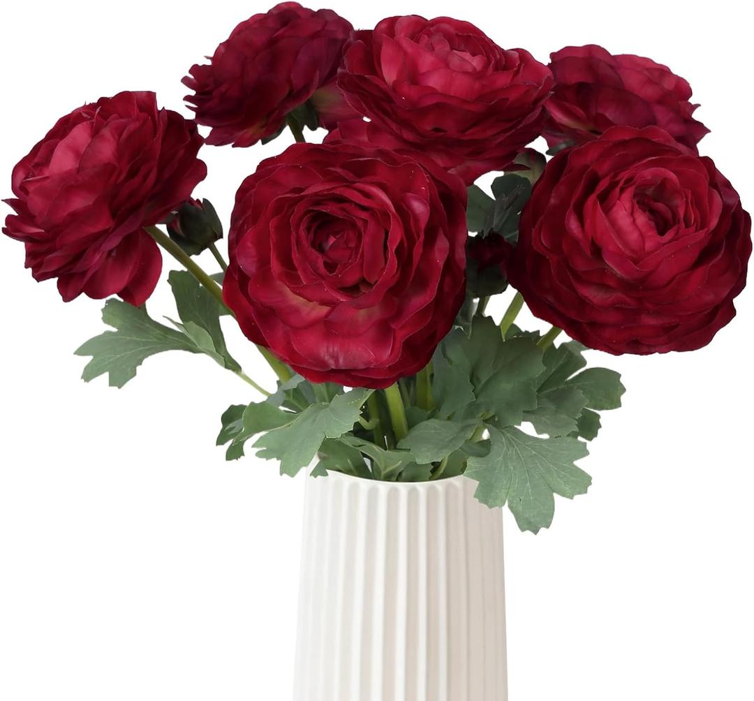 Dark Red Ranunculus Artificial Flowers 6PCS Real Touch Ranunculus Flowers Fake Peonies Artificial Flowers for DIY Wedding Bouquet Party Table Home Decor(Dark Red)