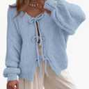 PRETTYGARDEN Women's Tie Front Bow Cardigan Sweaters Chunky Knit Long Puff Sleeve Trendy Fall Winter Jacket Coats Light Blue Medium