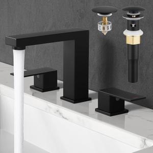 KES All Metal Black Bathroom Faucets with Pop Up Sink Drain with Overflow, 8 Inch Widespread Bathroom Faucet 3 Hole Vanity, SUS 304 Stainless Steel Matte Black, L4350LFF12-BK-C1