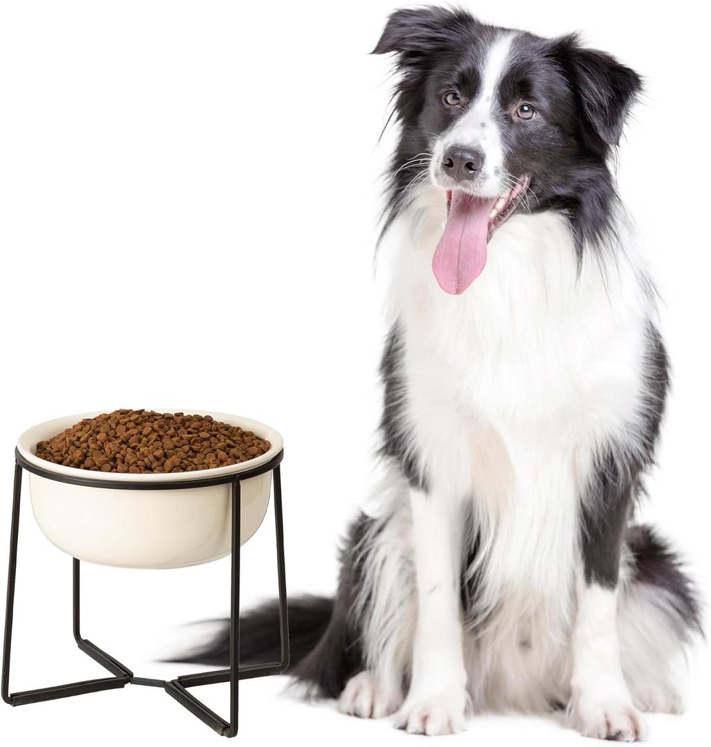 Ceramic Elevated Dog Food Bowl - Heavyweight Feeding Bowl with Metal Stand - Raised Pet Dish for Medium and Larges Dogs - 3.5 Cups - 54 oz - Beige
