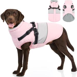 SUNFURA Dog Coat, XXL Dog Jacket Winter with Harness Built in, Waterproof Pet Snow Jacket with Furry Collar for Chilly Day, Reflective Fleece Snowsuit for Dogs, Pink 2XL