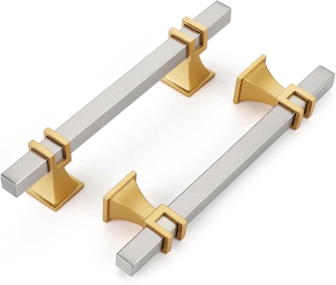 Haliwu 10 Pack Brushed Nickel Cabinet Pulls, 3-3/4 inch Silver&Gold Kitchen Handles, Square Dresser Drawer Hardware