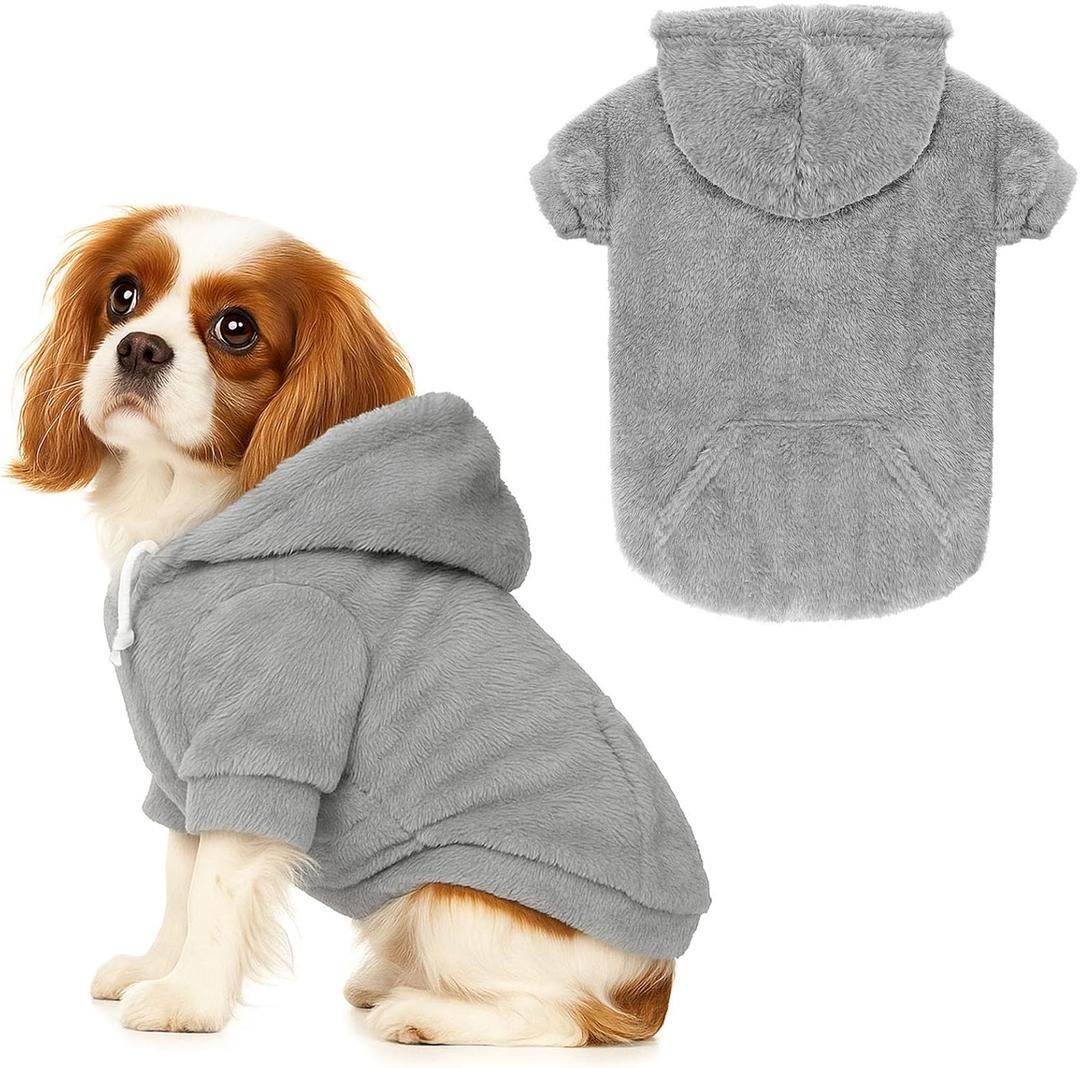 Dog Sweaters,Dog Hoodie,Warm Fuzzy Fleece Sweatshirt with Hood & Pocket,Leash Hole,Cozy Cold Weather Pet Clothes Pet Sweater for Small,Medium,and Large Dogs(Grey,M) (M: 8-13lbs)