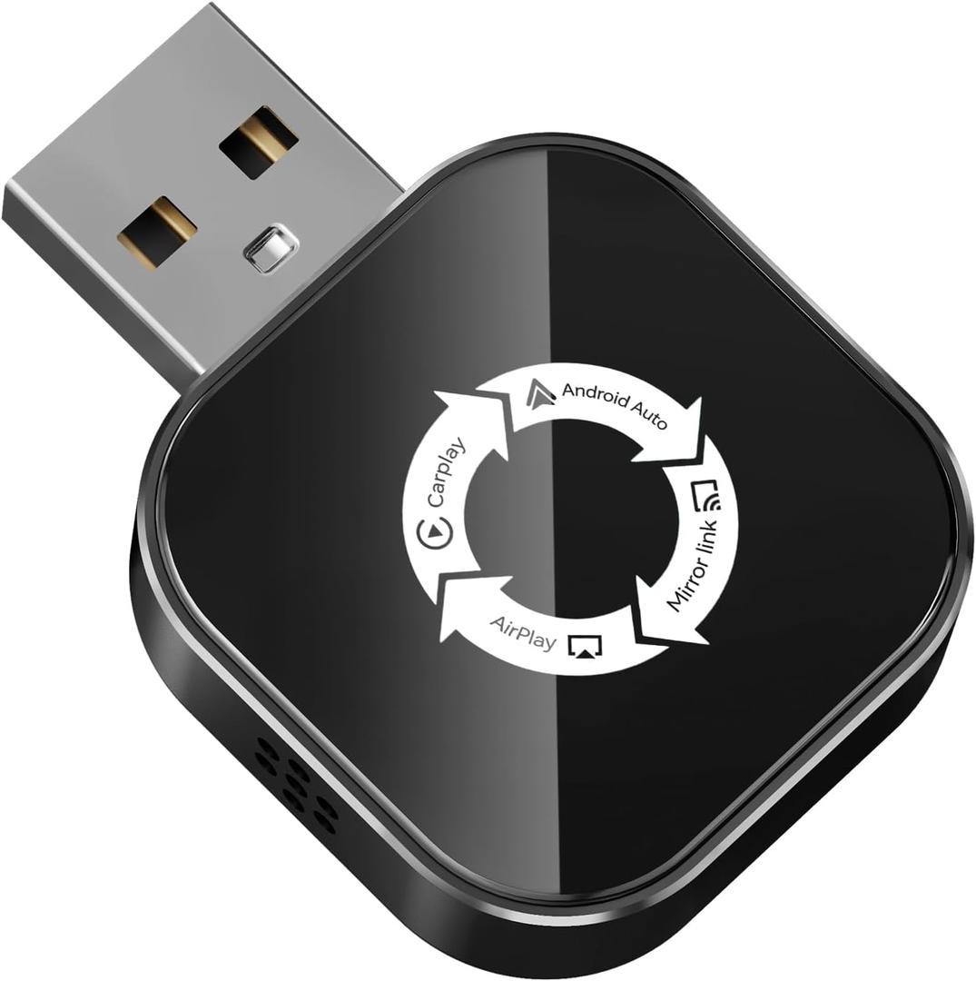 4-in-1 Wireless CarPlay Adapter for Apple CarPlay & Android Auto & AirPlay & MirrorLink, 2026 Upgraded Screen Mirroring Mini USB Adapter with Type-C Extension, Low Latency, Plug & Play