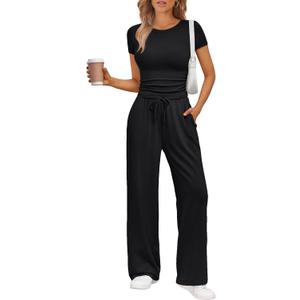 Trendy Queen 2 Piece Matching Summer Sweatsuit Lounge Set Womens Wide Leg Pants Side Ruching Crop Top Sets (Small, Black)