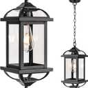 Large Outdoor Pendant Light Fixture Ceiling 16 Inch, Anti-Rust Aluminum Outdoor Chandelier for Porch with IP65 Waterproof Clear Glass Exterior Ceiling Mount Hanging Light, Matte Black