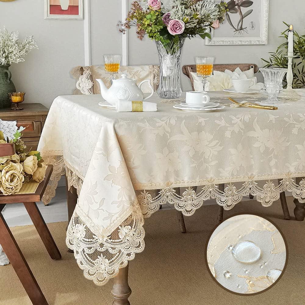 SUTAVIA Lace Tablecloth Jacquard Waterproof Fabric Farmhouse Rectangular Table Cover Elegant Antique Flower Table Cloths for Home Decor Party Kitchen Dining Table(Champagne, Rectangle, 60"x84")
