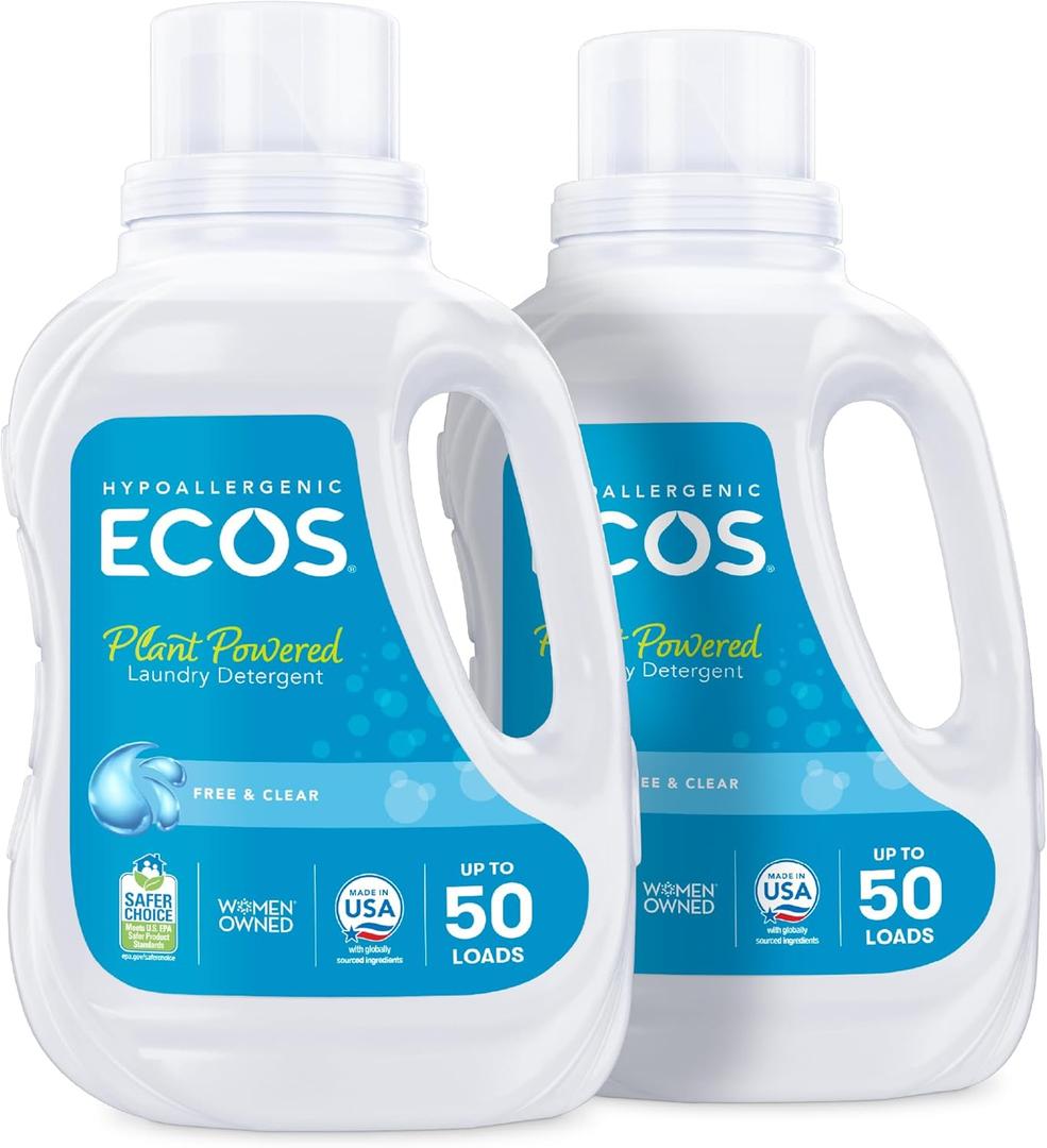 ECOS Laundry Detergent Liquid, 100 Loads - Dermatologist Tested Laundry Soap - Hypoallergenic, EPA Safer Choice Certified, Plant-Powered - Free & Clear, 50 Fl Oz (Pack of 2)