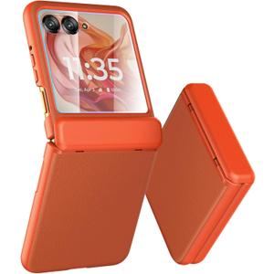 Case for Motorola Razr 2024/2025 - with Built-in External Screen Protector & Hinge Protection, Slim Cover + PU Leather Back Protective Phone Case for Moto Razr 2024 / Razr 2025 - Orange