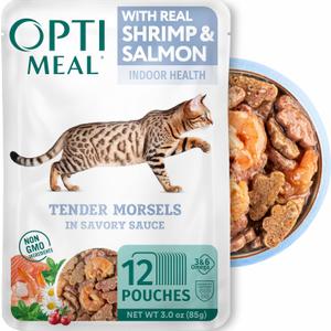 Optimeal Grain-Free Wet Cat Food Pouches  Shrimp & Salmon in Savory Gravy, High Protein & Moisture-Rich Tender Morsels, Indoor Adult Cat Food Wet with Natural European Ingredients, 3 oz (Pack of 12)
