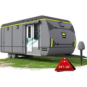 Travel Trailer Cover - Fit 24'-26' Toy Hauler & RV Camper Cover, Heavy Duty 600D Waterproof Motorhome Cover with Tongue Jack Protection, Windproof Straps, Anti-UV, Smoke Gray