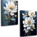 Flower Canvas Wall Art 2 Piece Navy Blue Gold and White Flower Picture Prints Floral Bloom Paintings for Bedroom Living Room Office Decor Framed(Flower,16.00" x 24.00" x 2PCS)