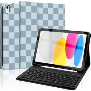 For iPad 11th 10th Generation Case with Keyboard, Detachable Folio Wireless Keyboard Cover with Pencil Holder for 11th A16 11-inch 202510th 10.9 Inch 2022, Checkered Plaid Blue-Light Blue