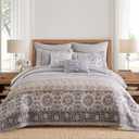 Levtex Home - Lirelle Quilt Set - Full/Queen Quilt and Two Standard Shams - Bordered Floral - Grey Tan White and Charcoal - Quilt (88x92in.) and Shams (20x26in.) - Reversible - Cotton (Gray)