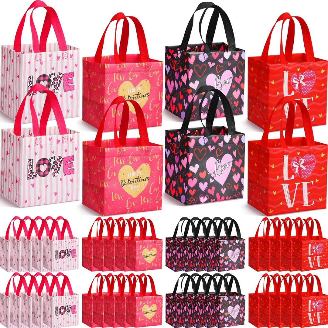 Clysee 100 Pcs Valentine's Day Reusable Gift Bags with Handles Treat Non Woven Love Tote Bulk Valentines Goodie Bags for Valentine Wedding for Gift Exchange Party Favor