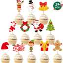 24 Pcs Christmas Cupcake Toppers, Xmas Cake Decorations Toothpicks with Santa Claus Snowman Bells Gingerbread Designs, Christmas Cake Topper Picks for New Year Holiday Party Decorations Supplies