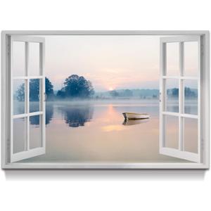 artopia Lake House Canvas Wall Art - Mountain Lake Picture with Sunrise & Sunset - for Bedroom and Office - 36x24 Inches
