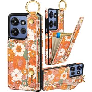 Petitian for Moto G Stylus 5G 2024 Case with Wallet - Women Girls Cute Girly Aesthetic Unique Design Leather Credit Card Holder Cardholder Stand Wristband for Motorola G Stylus 5G 2024, Orange Floral