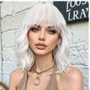 Halloween Short White Wig with Bangs Shoulder Length Cute Bob Wavy Curly Synthetic Hair Wigs with Bang for Women & Girls Use for Halloween Cosplay Party Daily