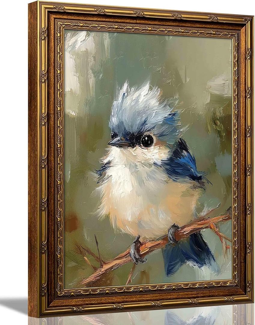 Dougepce 3D Texture Oil Painting,Vintage Gold Framed Wall Art,Blue Bird Wall Art Canvas Prints, Birds on Tree Pictures Wall Decor, Birds Artwork Paintings for Bedroom Wall Decor (Blue 24''Lx16''W)
