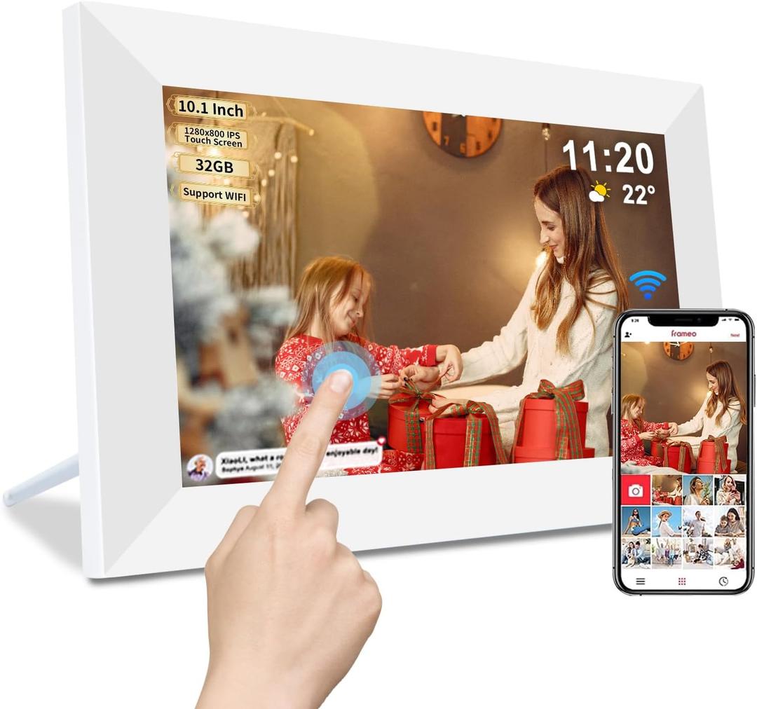 Frameo 10.1 Inch Smart WiFi Digital Photo Frame,Digital Picture Frame Wi-Fi with 32GB Storage & SD Slot, Electronic Picture Frame IPS Touch Screen with Auto-Rotate, Frameo Digital Frame WiFi -White