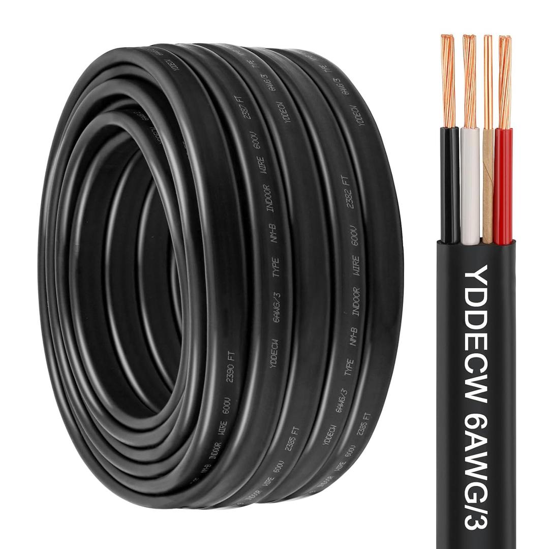 6/3 NM-B Wire with Ground - 50FT 6 Gauge Non-Metallic Sheathed Cable Pure Copper 6 AWG 3 Conductor Residential Indoor Wire for Outlets, Switches and Other Loads etc.