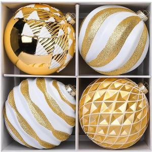 Alupssuc 6''/150mm Large Christmas Ball Ornaments, 4Pcs Christmas Tree Decor, Shatterproof Hanging Decorations with Hooks, Gold & White Baubles for Xmas Tree, Wedding, Holiday and Party Decor