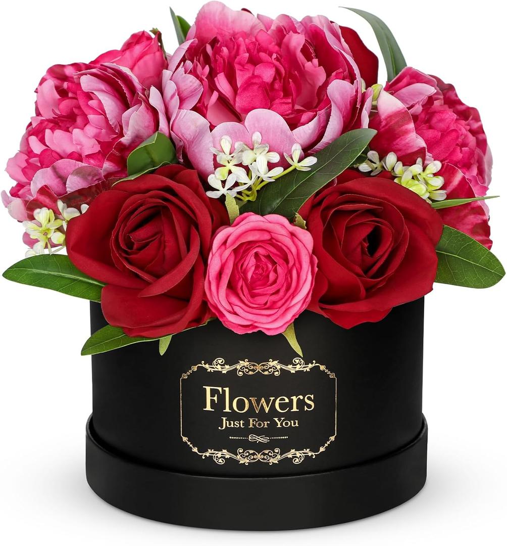 Hollyone Red Artificial Peonies Roses in Vase Round Gift Boxes with Fake Flowers Arrangements Faux Flowers Floral in Box Vase for Her Mothers' Day Valentine's Day Christmas Birthday Graduation Gift