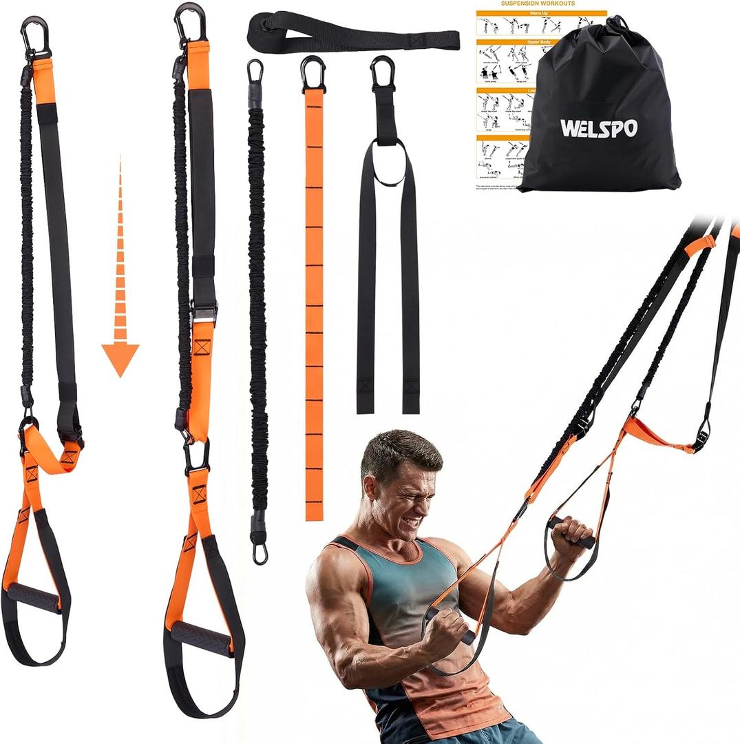 WELSPO Home Resistance Training Kit with 2 Resistance Bands, Exercise Guide & Door Anchor-350lb Capacity Nylon Bodyweight Straps for Full Body Workout, Strength Training & Travel Fitness