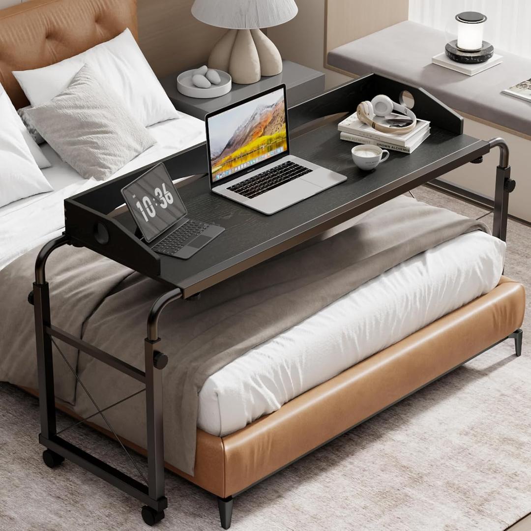 BYMECOST Laptop Desk for Bed, Adjustable Height & Length Laptop Bed Table,Overbed Table with Wheels for Queen Size Beds,Rolling Standing Desk,Over Bed Desk for Working Reading Eating (Black)