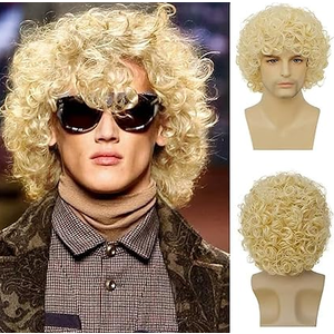 Mens Curly Light Blonde Afro Wig Short Fluffy Rocker Wigs Cosplay Costume Daily Hair Wig for Male Guys