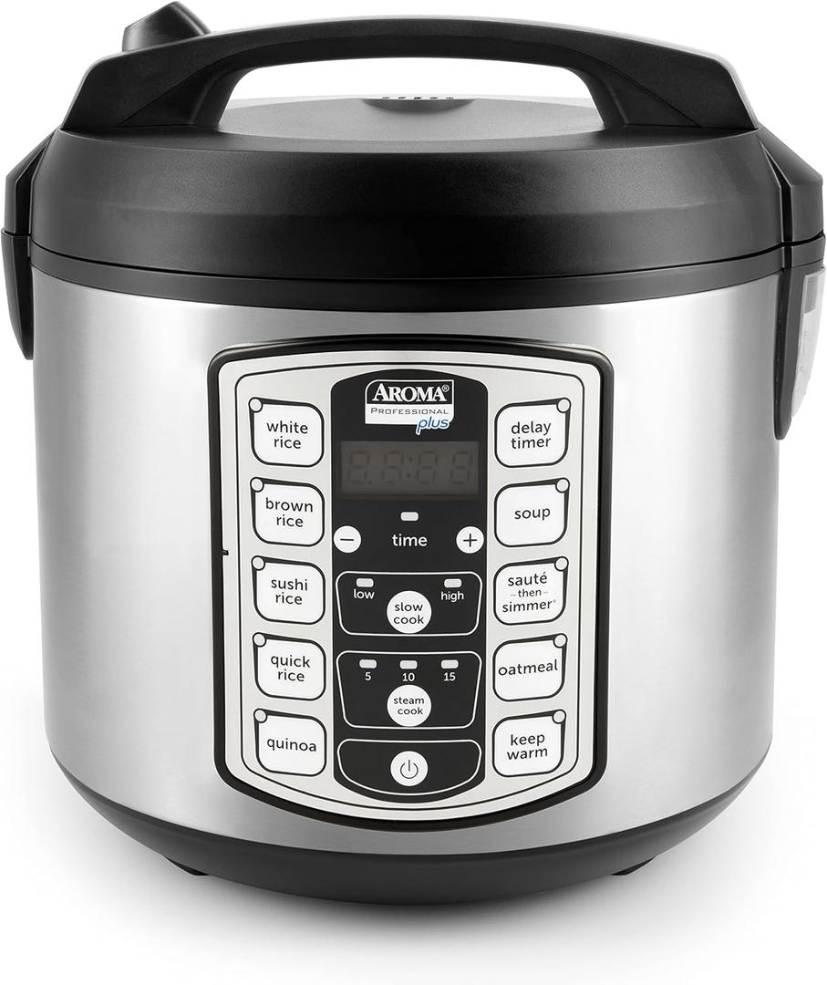 Aroma Housewares Professional Plus ARC-5000SB 20 Cup (Cooked) Digital Rice Cooker, Food Steamer, Slow Cooker, Stainless Exterior/Nonstick Pot, Silver, Black, 10-cup uncooked/20-cup cooked/4QT