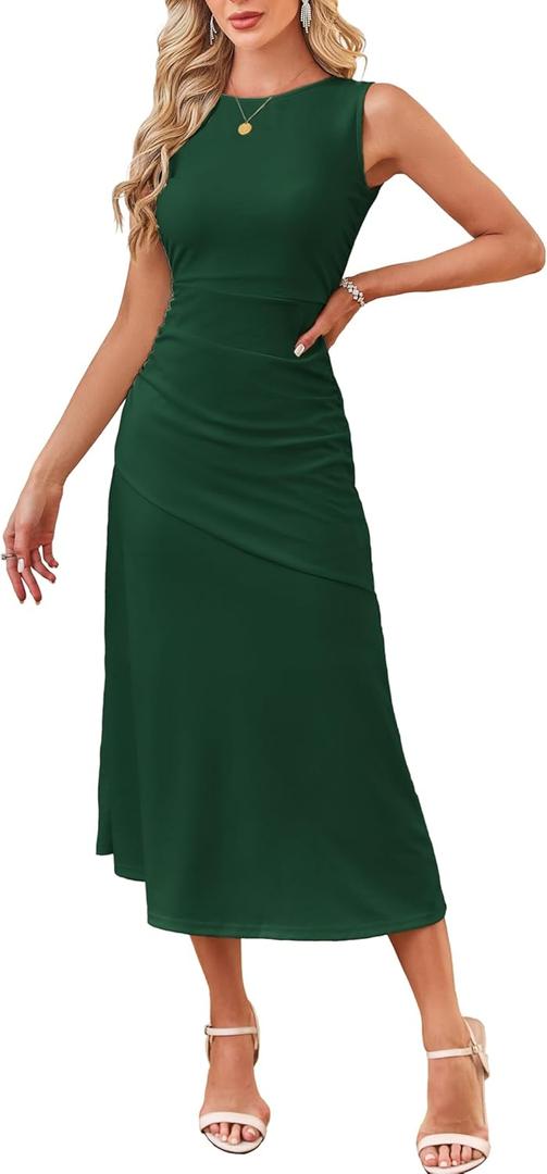 Kikibell Women's Cocktail Dresses Sleeveless Ruched Elegant Semi Formal Wedding Guest Prom Party Summer Maxi Dress (Green, M)